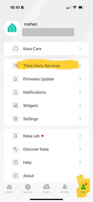 A screenshot of the Kasa Smart Switch App pointing out how to find where to link accounts